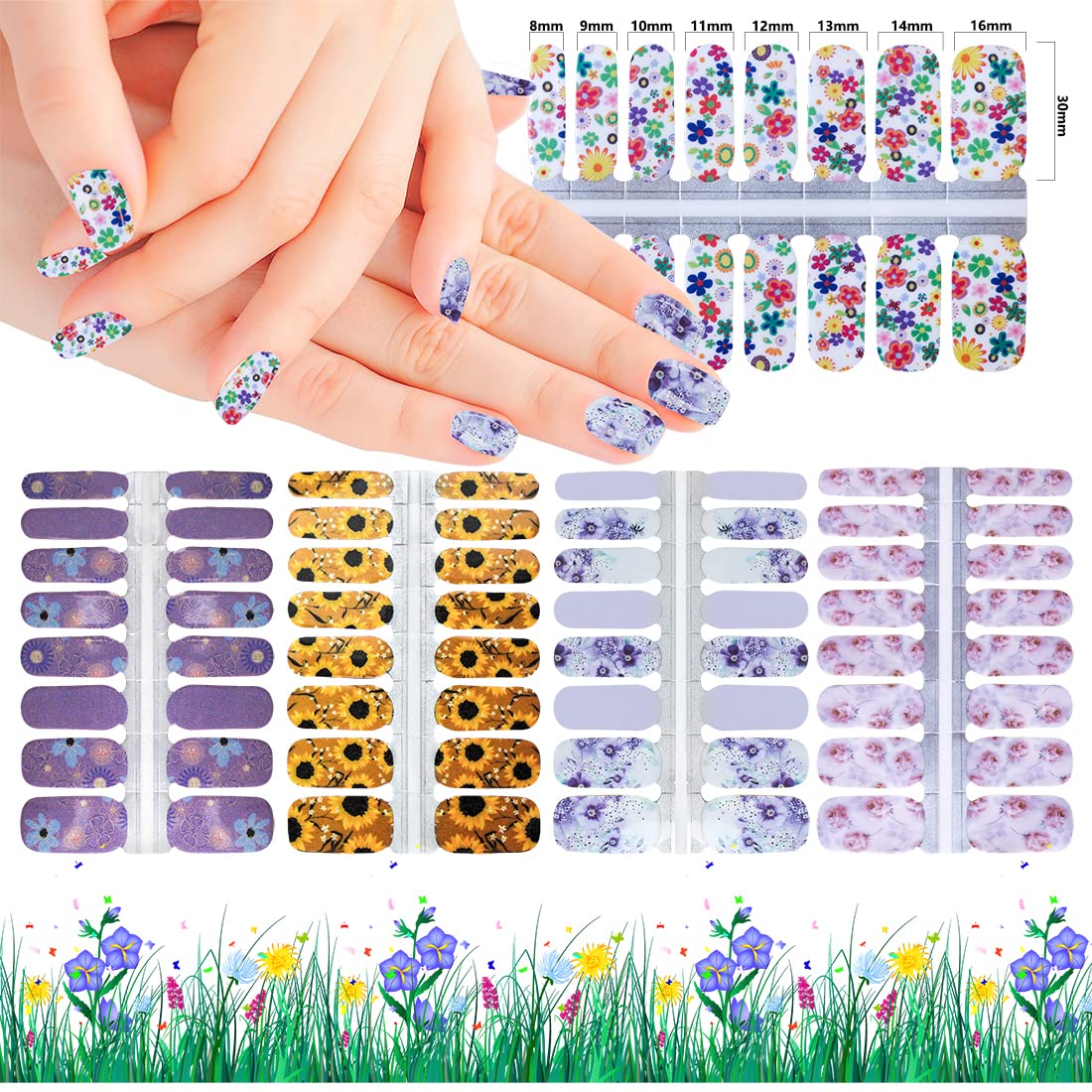 5 Sheets Spring Flower Full Nail Wraps - Floral Nail Polish Strips with Nail File | DIY Gel Nail Art Stickers for Women | Perfect for Parties, Weddings & Everyday Wear