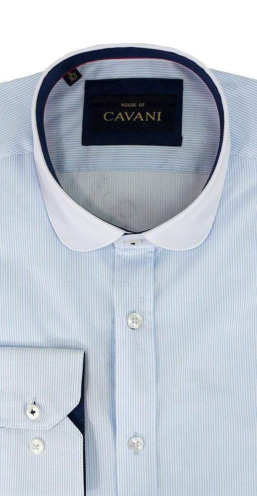 Cavani Men's Penny Round Collar Sky Stripes Formal Shirt - Peaky Blinders Style Business Casual Dress Shirt for Office, Wedding & Special Occasions