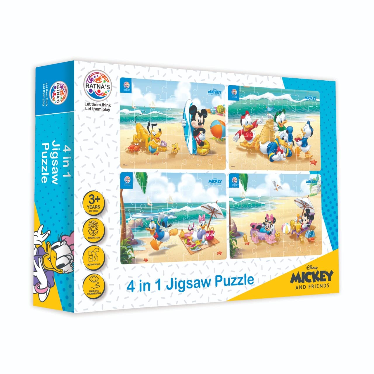 Ratna's 4-in-1 Disney Jigsaw Puzzle Set - 140 Pieces for Kids (Mickey Mouse & Friends) - 4 Fun 35-Piece Puzzles for Family Game Night & Learning Activities
