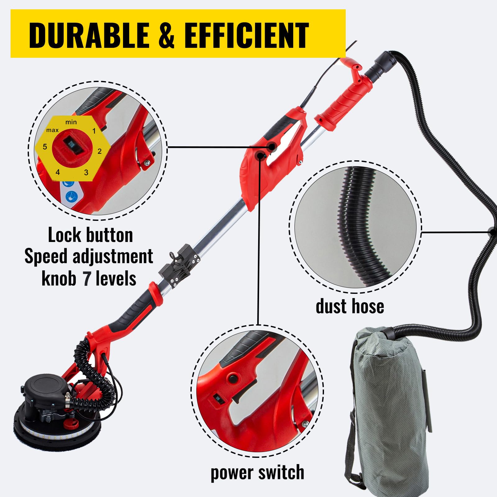 VEVOR 850W Electric Drywall Sander with Variable Speed 800-1750 RPM, Foldable Sheetrock Sander with Telescopic Handle, LED Light & Vacuum Bag - Perfect for Home Renovation, Wall Repair and Professional Construction Projects