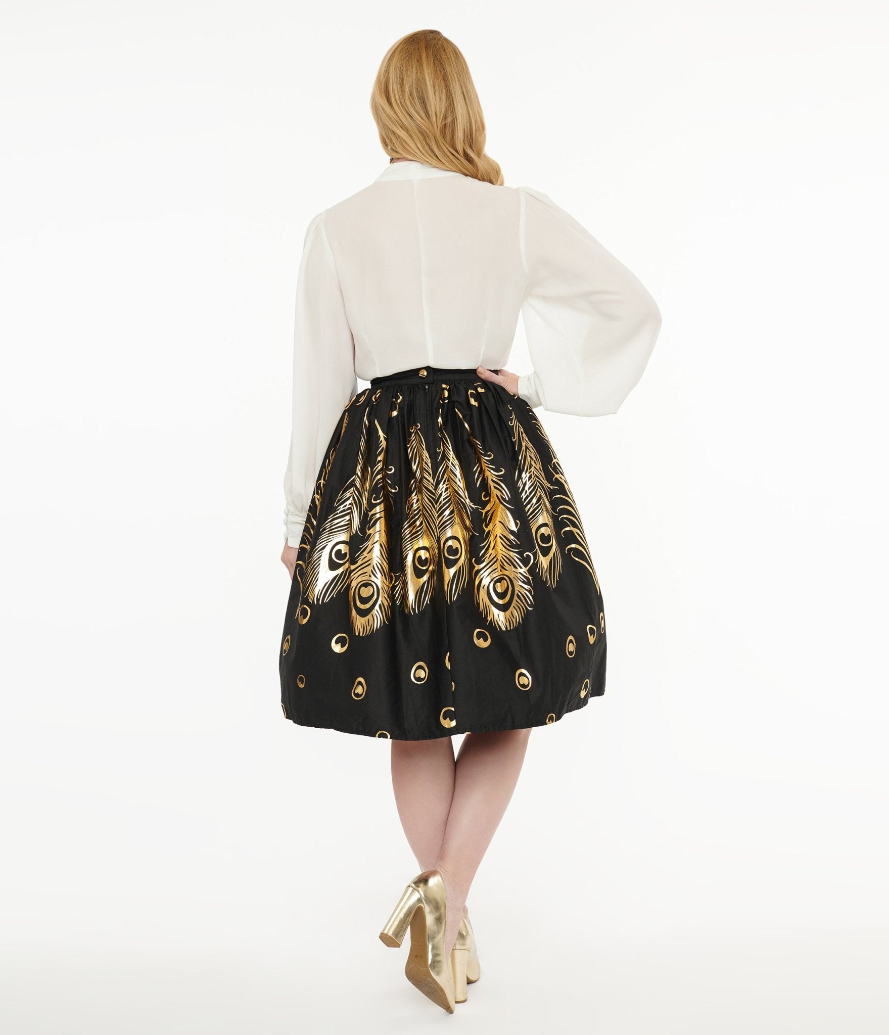 Vintage 1950s Black & Gold Foil Feather Swing Skirt - Retro Pinup Style Party Dress for Women - Perfect for Cocktail Parties, Swing Dancing & Vintage Fashion Events