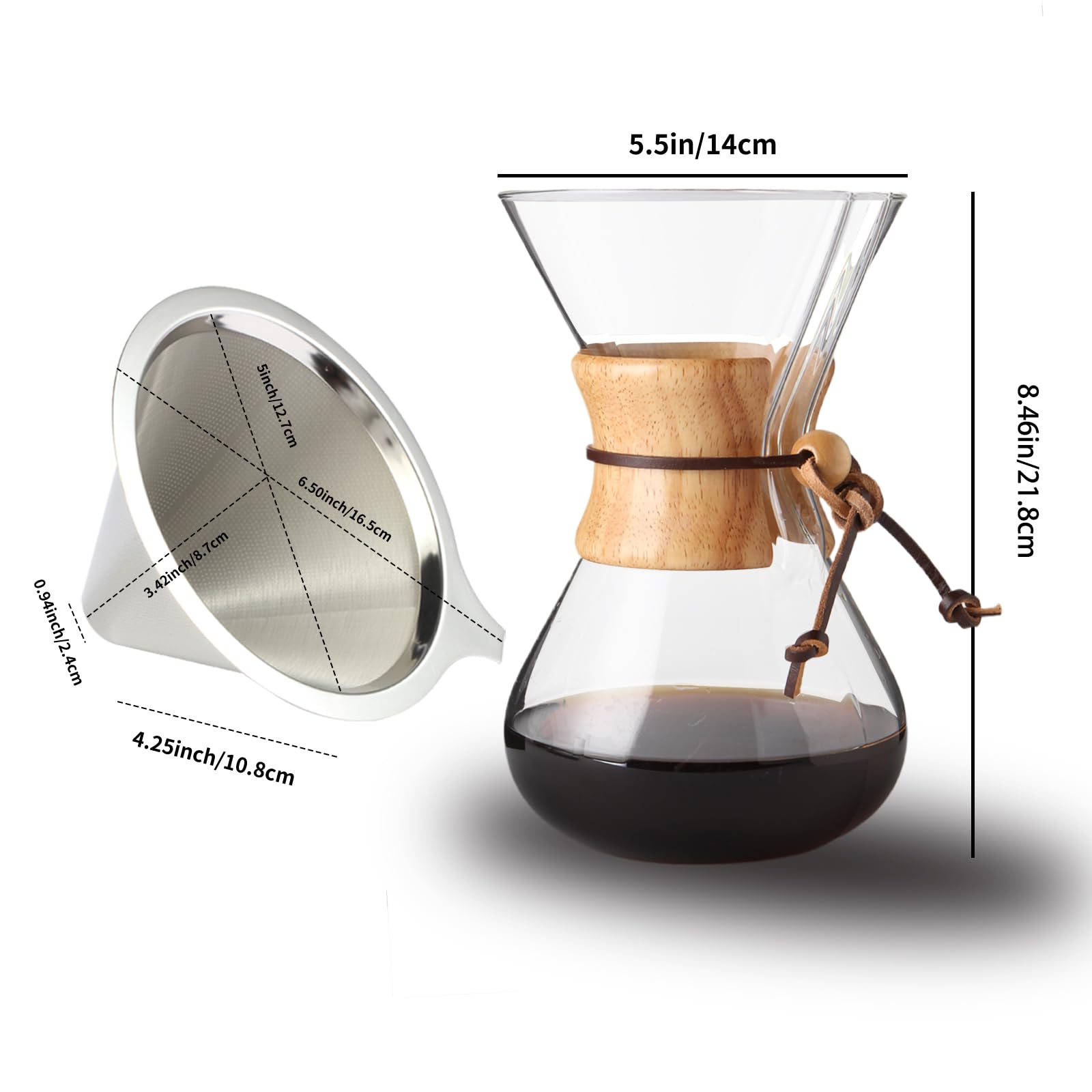 Subjectthree 8 Cup Pour Over Coffee Maker - Classic Glass Dripper Brewer with Heat-Resistant Carafe (28oz) - Perfect for Home Brewing, Office Use & Camping Coffee