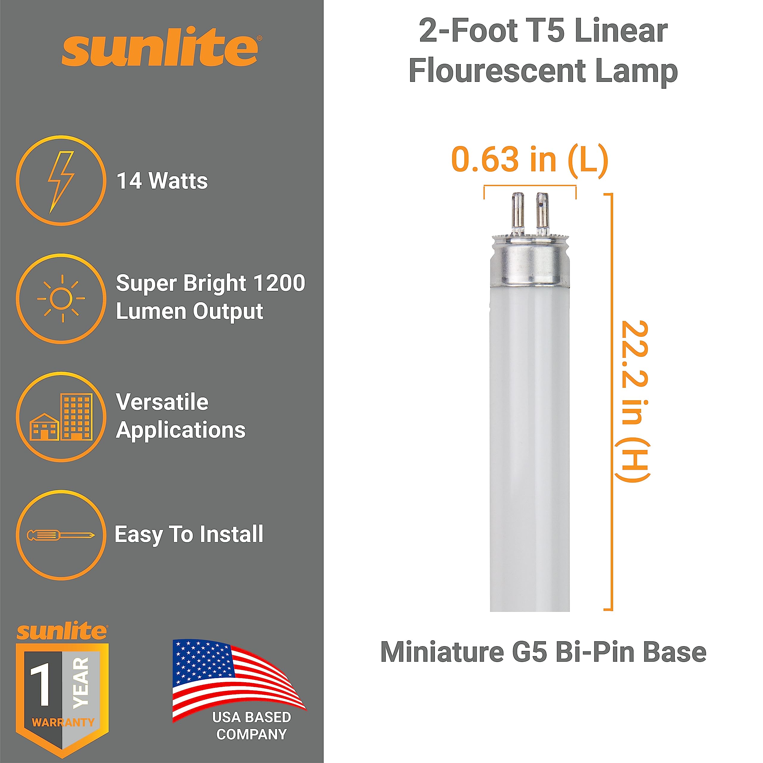 Sunlite 30305 F14T5/835 14W 2-Foot T5 Linear Fluorescent Light Bulb - 3500K Neutral White, 1200 Lumens, Mini G5 Bi-Pin Base, ROHS Compliant, High Performance Straight Tube (40-Pack) - Perfect for Office Lighting, Under Cabinet Fixtures & Commercial Applications