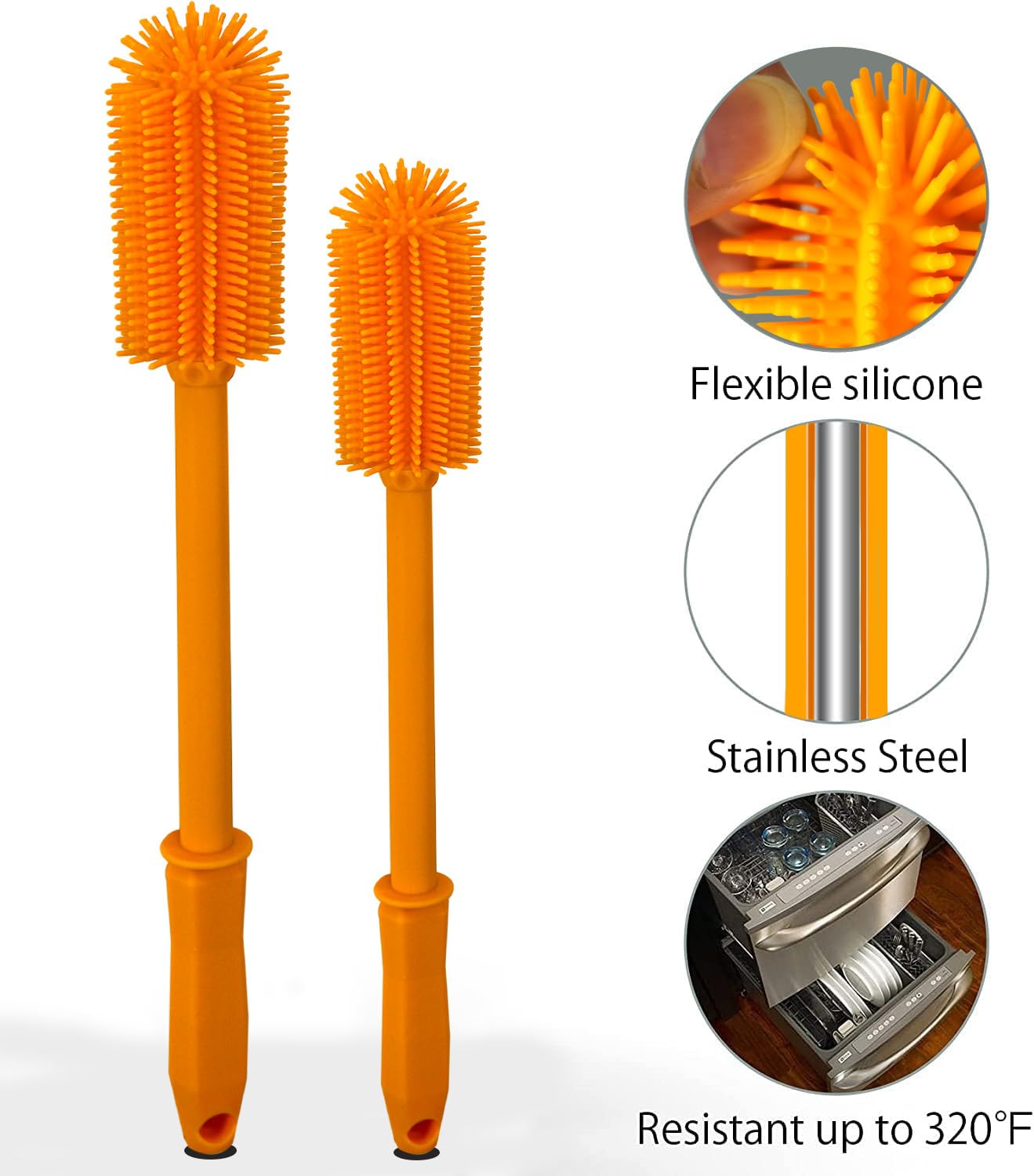 2 Pack Long Silicone Bottle Cleaning Brush Set (16