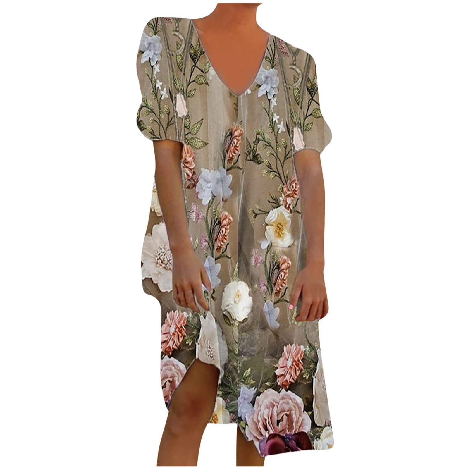 Zainafacai Women's Summer Floral Print Short Sleeve V-Neck Mini Shift Dress - Casual Loose Fit Short Dress for Beach, Vacation & Daily Wear
