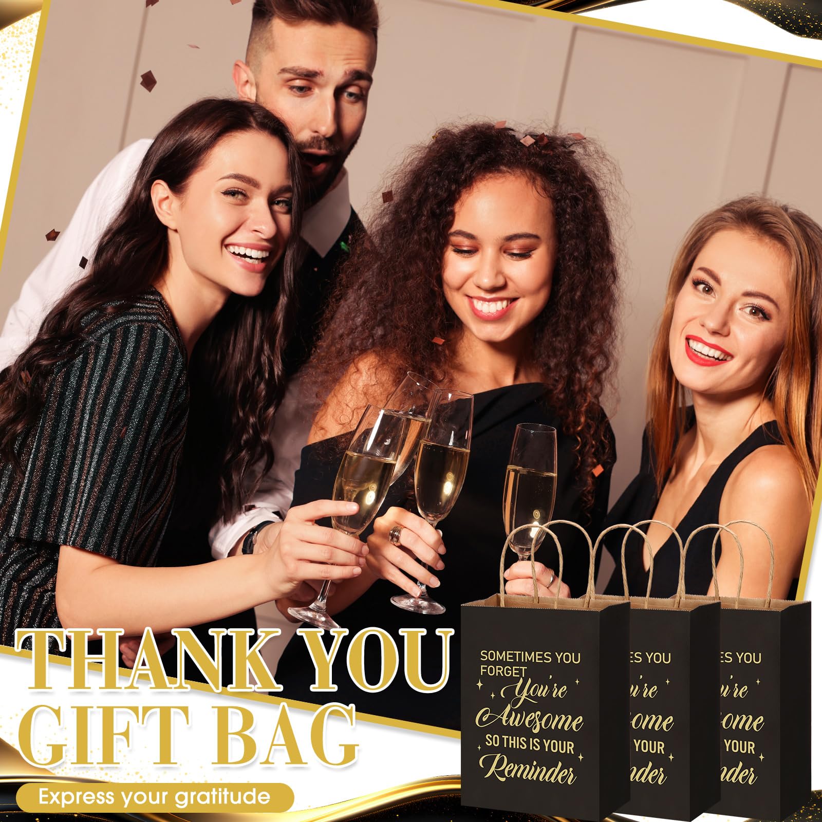 Geyoga 100 Pcs Black Thank You Gift Bags Bulk - 8.3 x 3.2 x 5.9 in Employee Appreciation Paper Bags with Handles - Perfect for Volunteer, Teacher, Colleague, Nurse, Birthday Party & Corporate Events