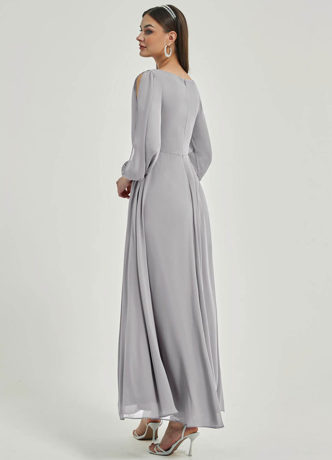 Elegant Dolphin Grey V-Neck Long Slit Sleeve Pleated Flowy Chiffon Formal Evening Dress for Women - Perfect for Weddings, Proms, and Special Occasions