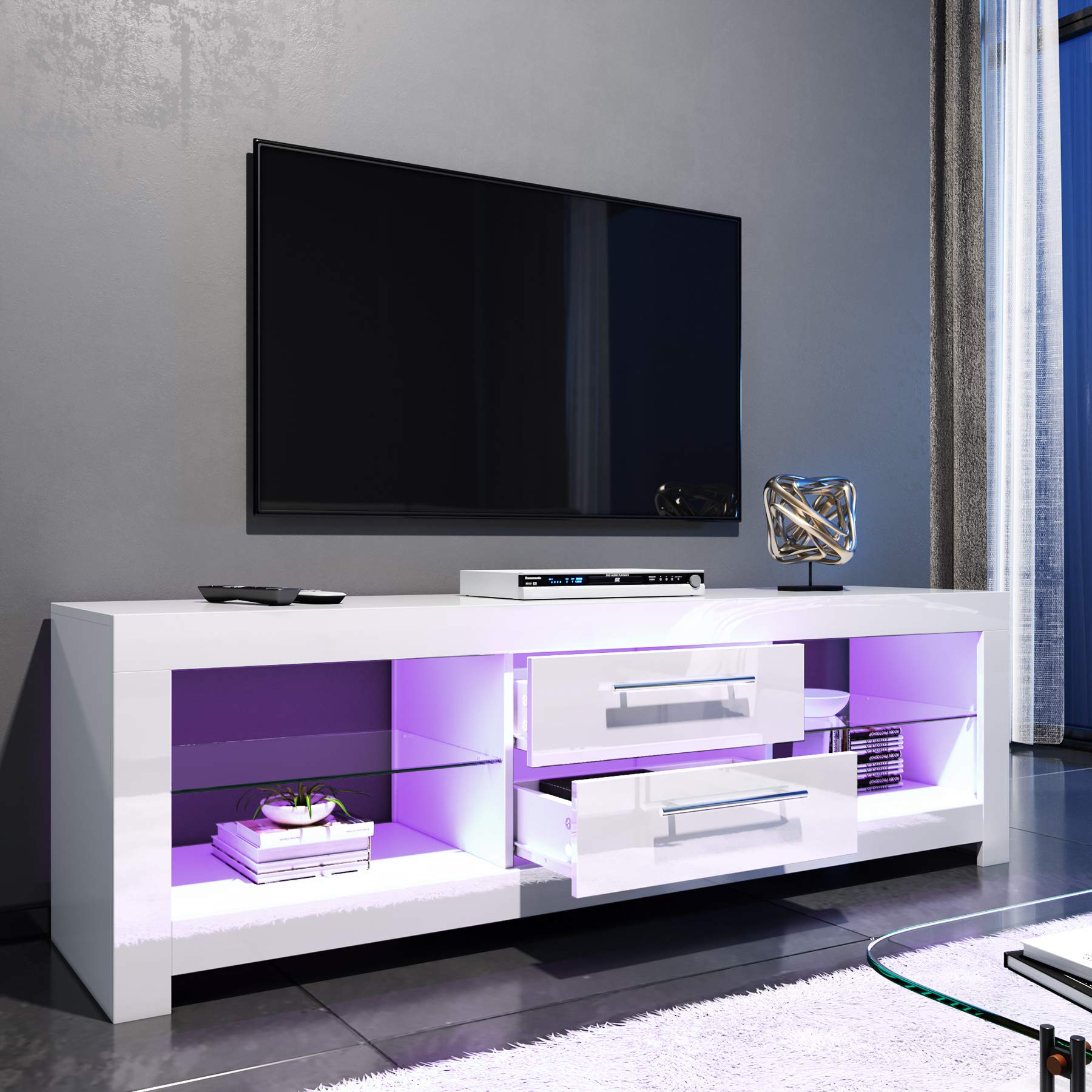 Modern White Glossy 1600mm LED TV Stand with Ambient Lighting - Storage Cabinet for 32-65 Inch 4K TVs - Elegant Living Room & Bedroom Furniture for Home Entertainment Setup