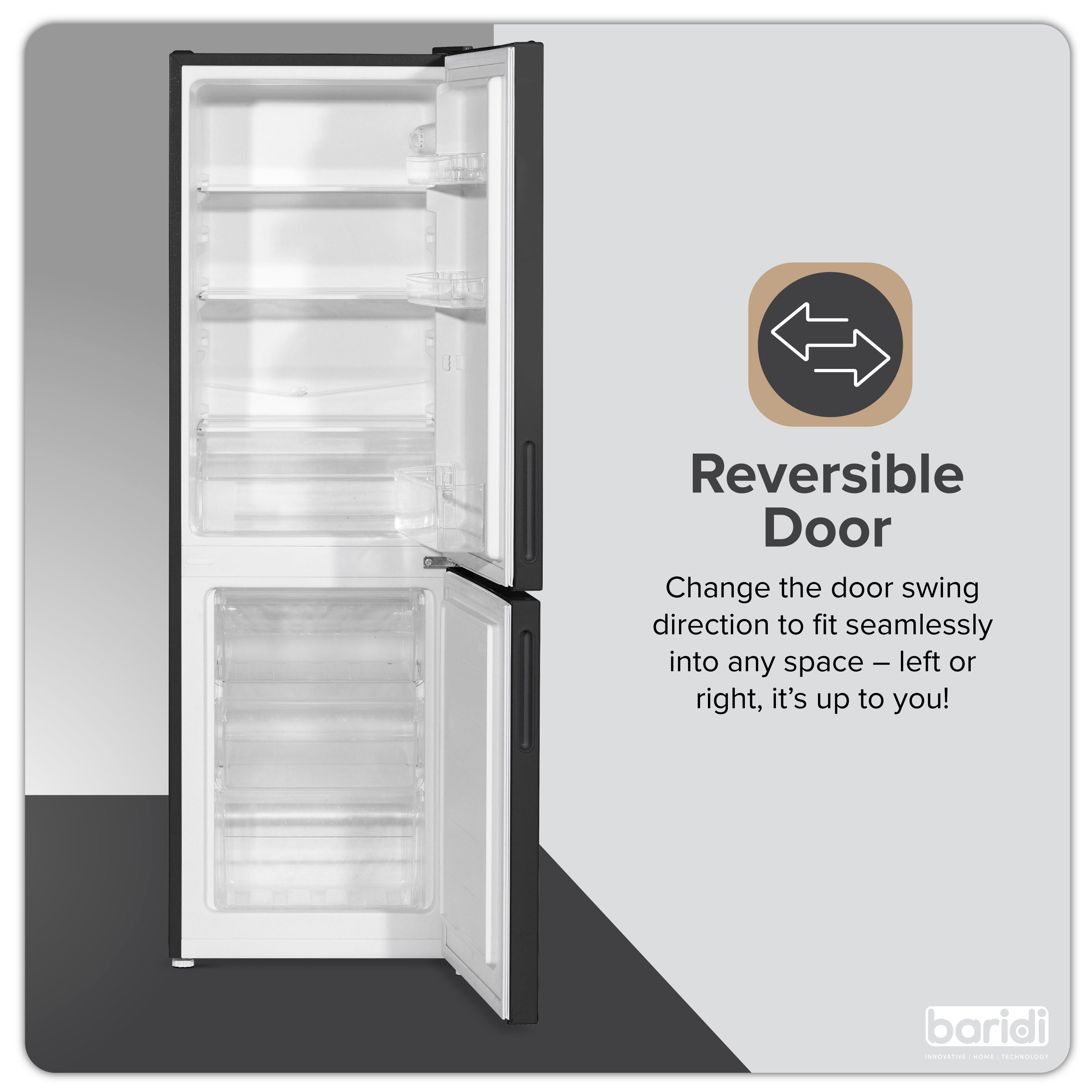 Baridi 47cm 70/30 Fridge Freezer - 157L Capacity, Low Frost Technology, 4 Star Energy Rating, Black (DH253) - Perfect for Small Apartments, Dorms & Office Break Rooms