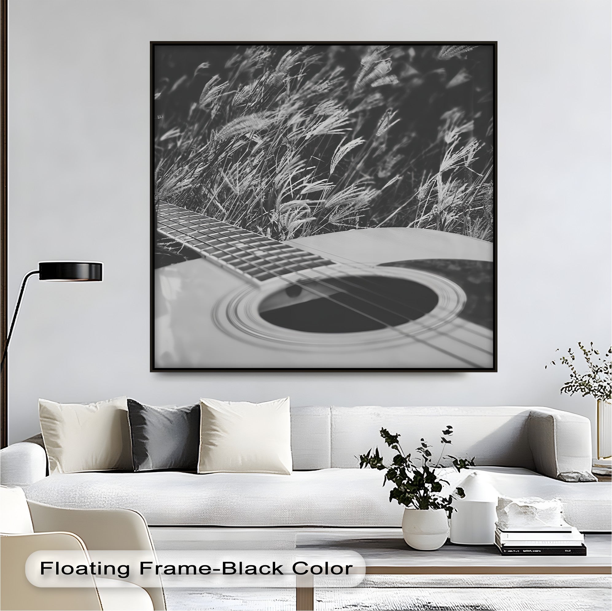 Acoustic Guitar in Field - Black and White Nature Music Canvas Prints | Wall Art Decor for Living Room, Bedroom & Office | Music Lover Gift
