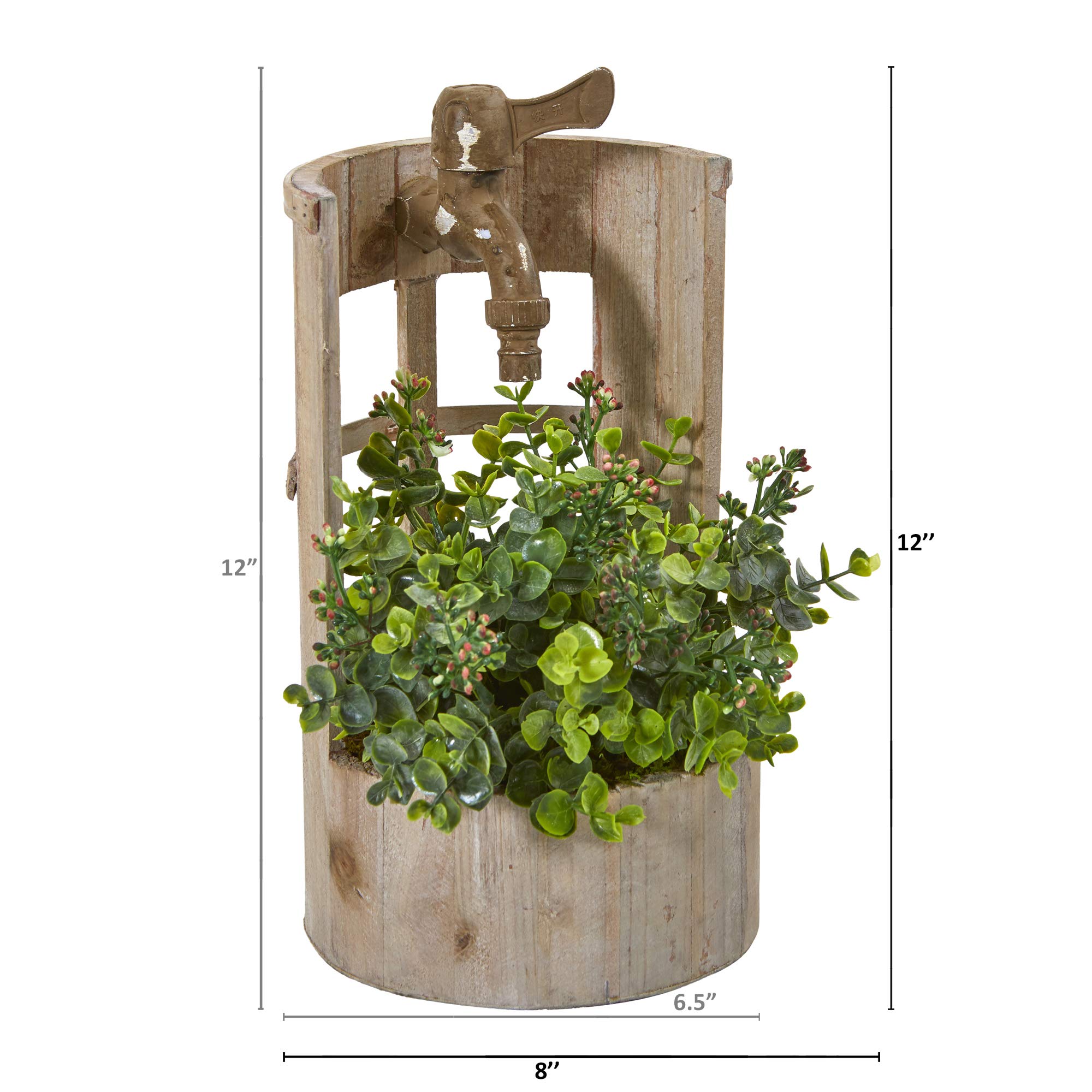 Nearly Natural 12in Mini Eucalyptus & Sedum Artificial Faucet Planter - Realistic Silk Plants for Home Decor, Kitchen, Bathroom, Office Desk | Green Faux Plants for Indoor Greenery & Farmhouse Style