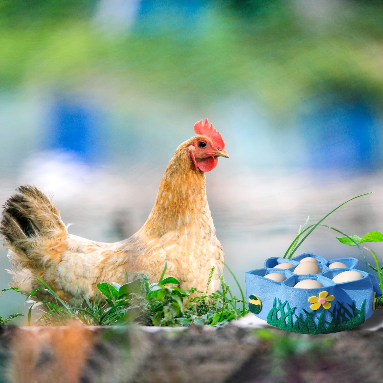 Egg Collecting Basket with 7 Pouches - Durable Chicken Duck Goose Egg Holder for Farmhouse, Kitchen & Garden - Perfect for Fresh Egg Gathering, Farm Use & Home Organization (Blue)