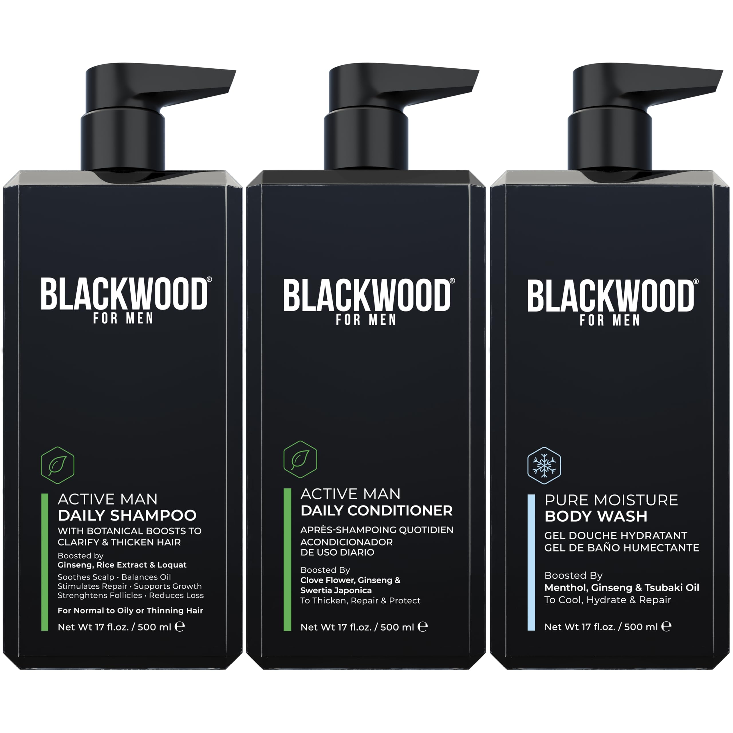 Blackwood For Men Active Daily Shampoo & Conditioner Set (17 Oz Each) with Pure Moisture Body Wash - 3-in-1 Grooming Kit for Gym, Work & Travel