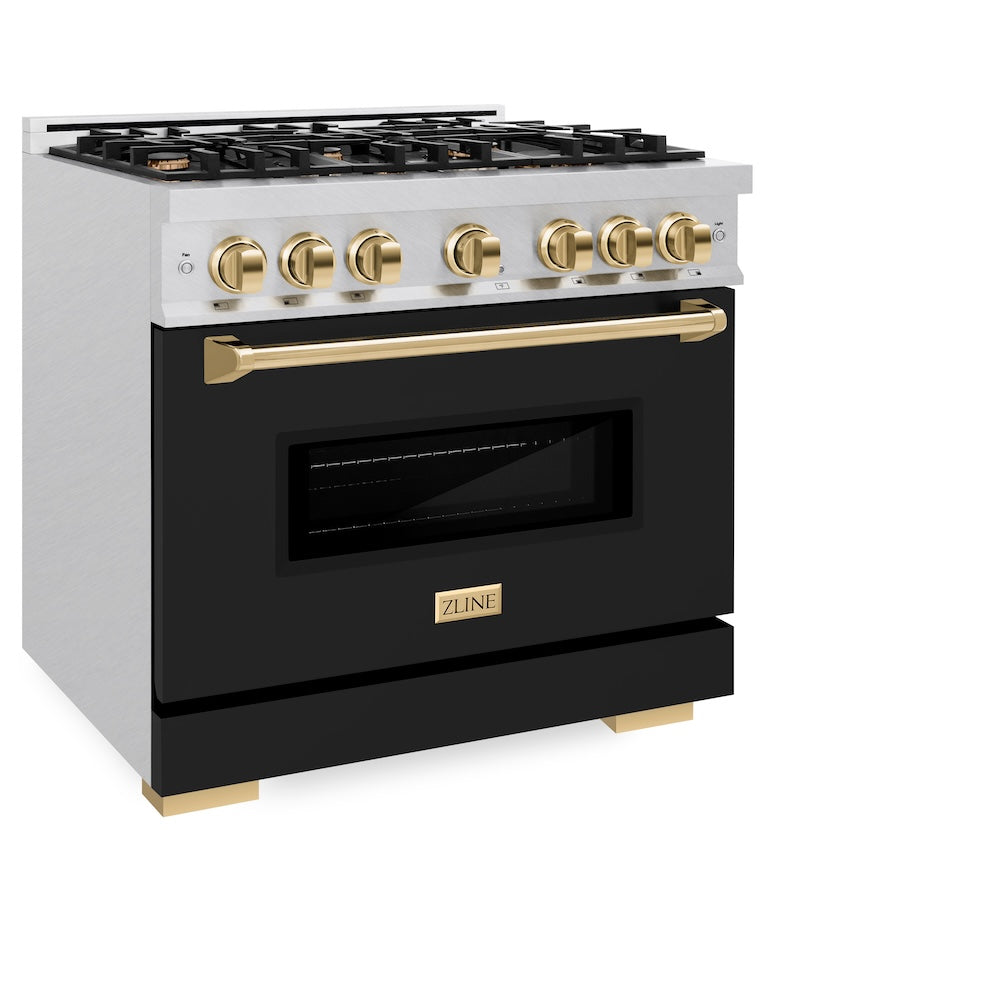 ZLINE Autograph Edition 36 Inch 5.2 cu ft Gas Range - 6 Burner Cooktop & Convection Oven - Satin Stainless Steel with Black Matte Door & Gold Accents - Perfect for Professional Kitchens & Modern Homes (CGRSZ BLM 36 G)
