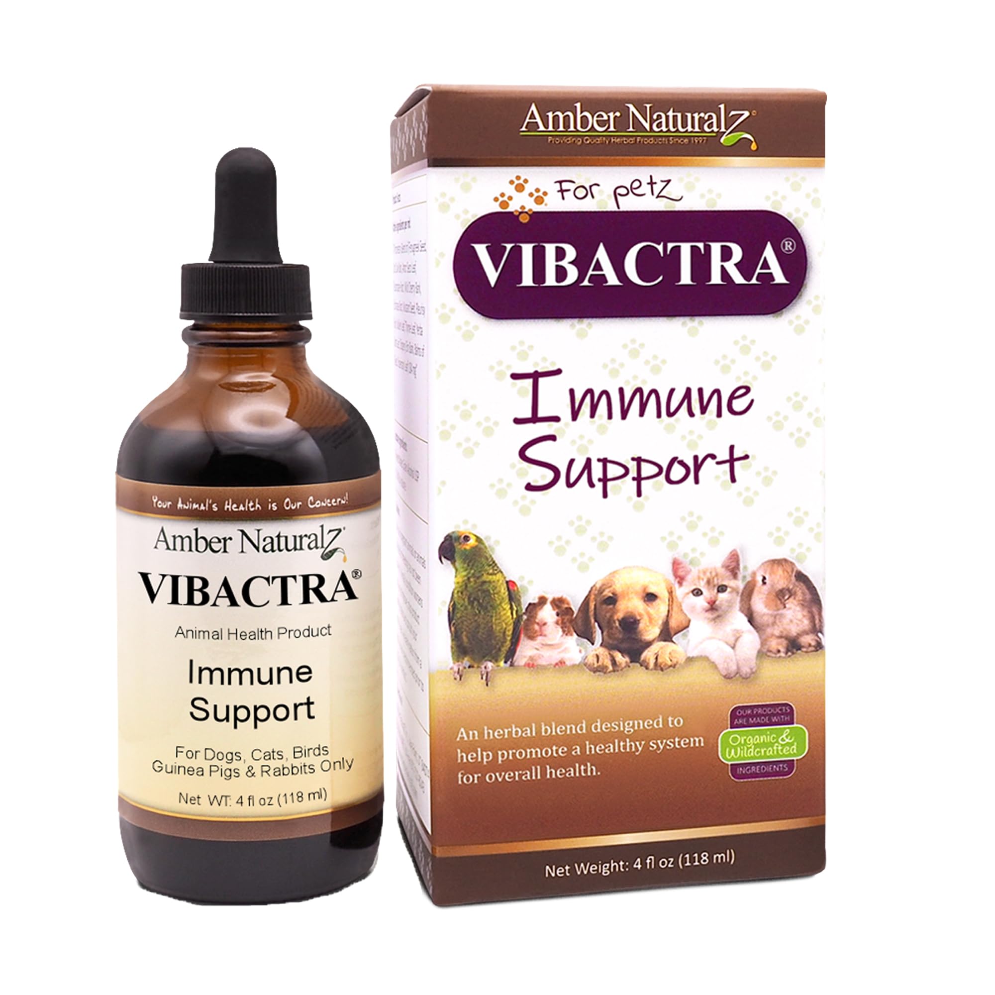 Amber NaturalZ Vibactra Immune Support Herbal Supplement for Dogs, Cats, Birds, Guinea Pigs & Rabbits | Natural Pet Wellness Formula | 4oz USDA-Certified Organic Liquid Drops | Made in USA | Supports Digestion, Energy & Coat Health for Happy Pets at Home