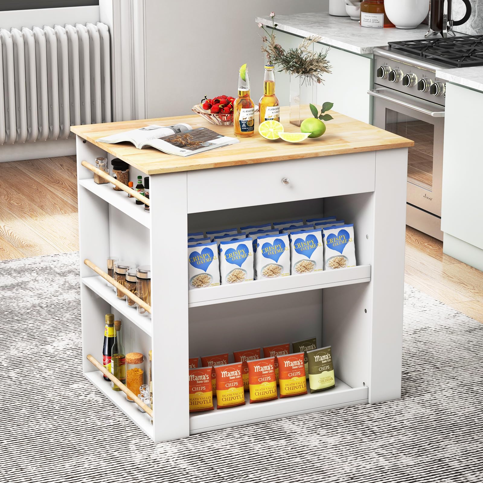Moccha Kitchen Island with Storage Cabinet - 2 Doors, 2 Drawers, 6-Tier Spice Rack & Open Shelves - White Wood Counter Table for Dining Room (29.5