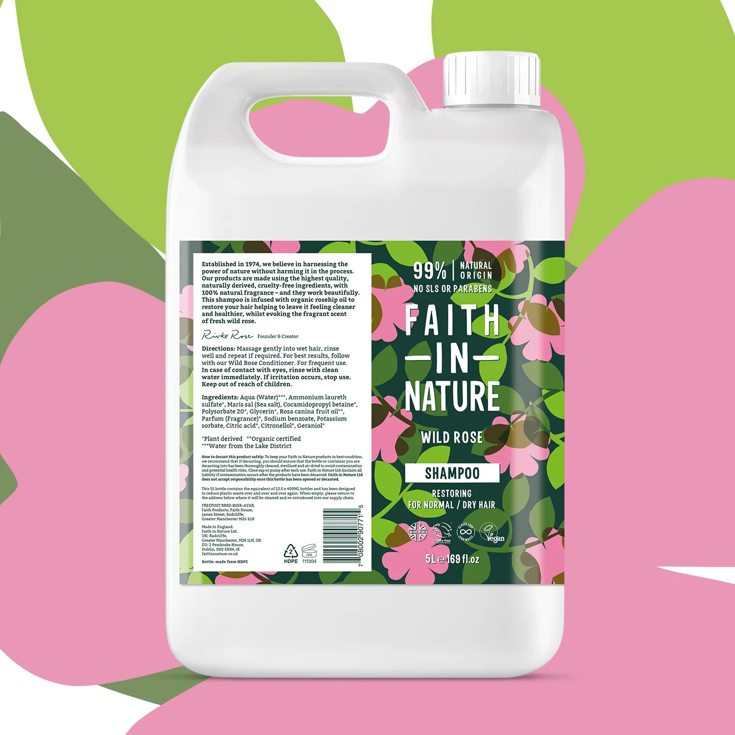 Faith In Nature Wild Rose Shampoo Refill 5L - Natural & Vegan Hair Care for Dry/Damaged Hair - Salon Quality Bulk Shampoo for Home & Professional Use