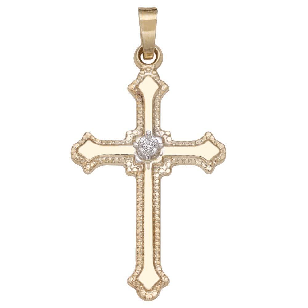 14K Yellow Gold Diamond Cross Pendant Necklace - Polished Budded Edges Religious Jewelry for Women & Men (0.01 CTW) - Perfect for Baptism, Confirmation & Spiritual Gifts