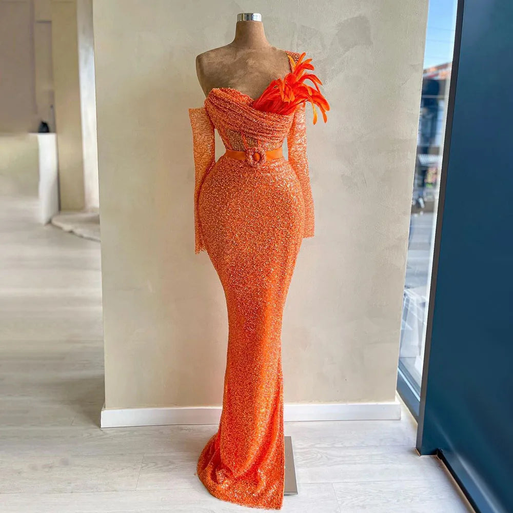 Elegant Orange Mermaid Evening Gown with Beaded Details - Luxury Dubai Wedding Dress for Women - Perfect for 2025 Wedding Parties, Prom Nights & Formal Events - LA72319