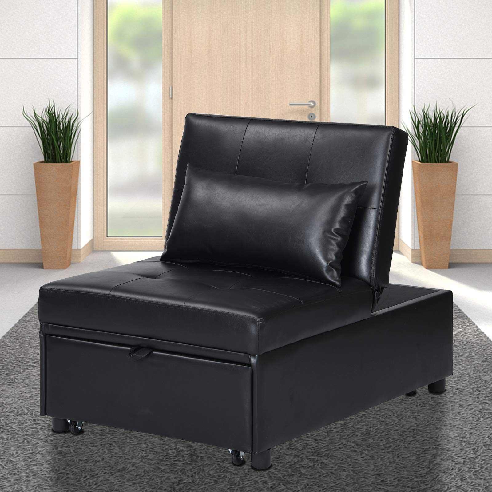 4-in-1 Convertible Faux Leather Sofa Bed - Foldable Ottoman Sleeper with Pillow for Small Spaces | Multi-Functional Recliner Chair for Living Room, Apartment & Guest Room (Space Saving Furniture Solution)