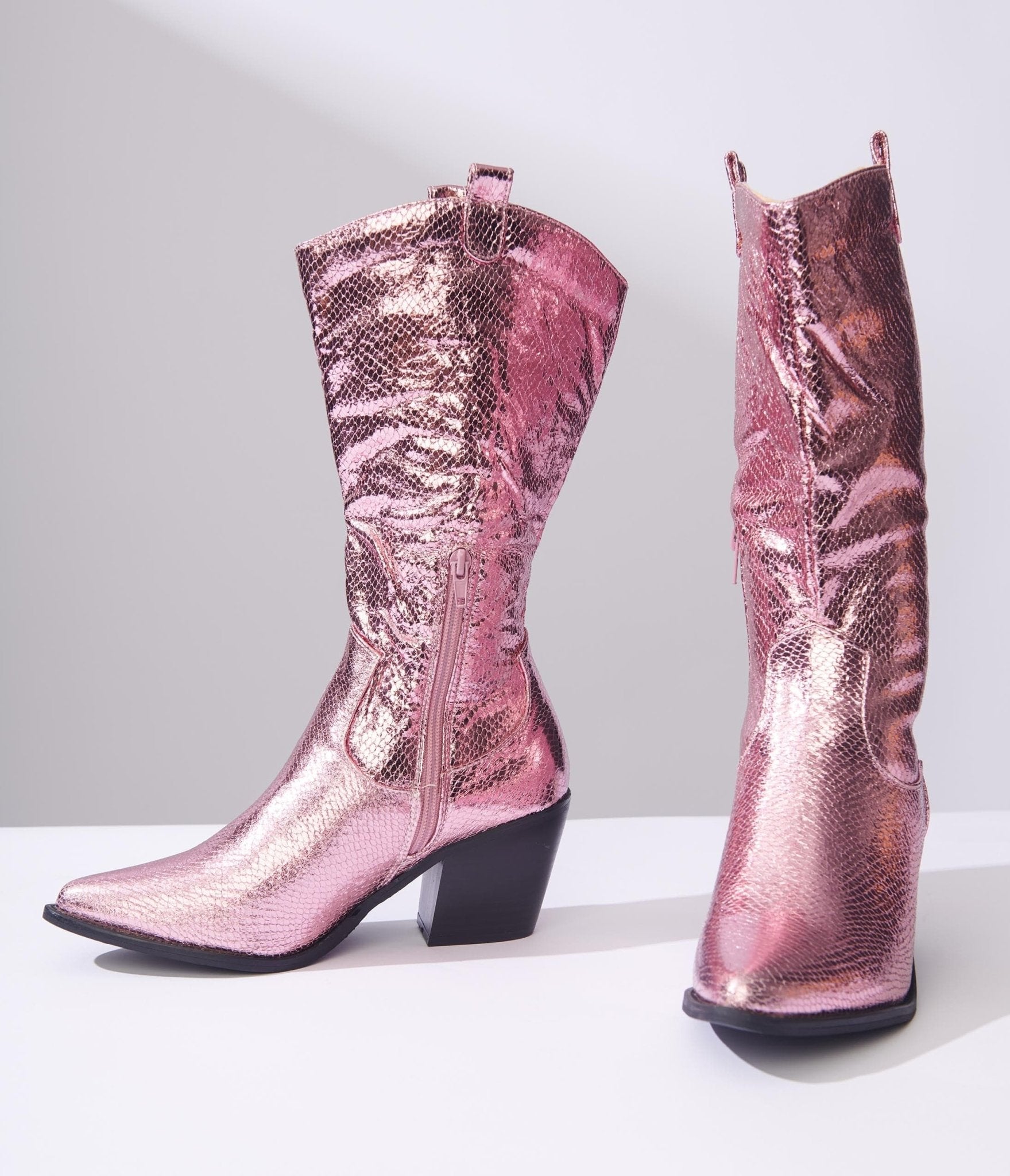 Metallic Light Pink Reptile Cowboy Boots for Women - Stylish Western Ankle Boots with Pointed Toe - Perfect for Country Concerts, Rodeos & Fashion Outfits
