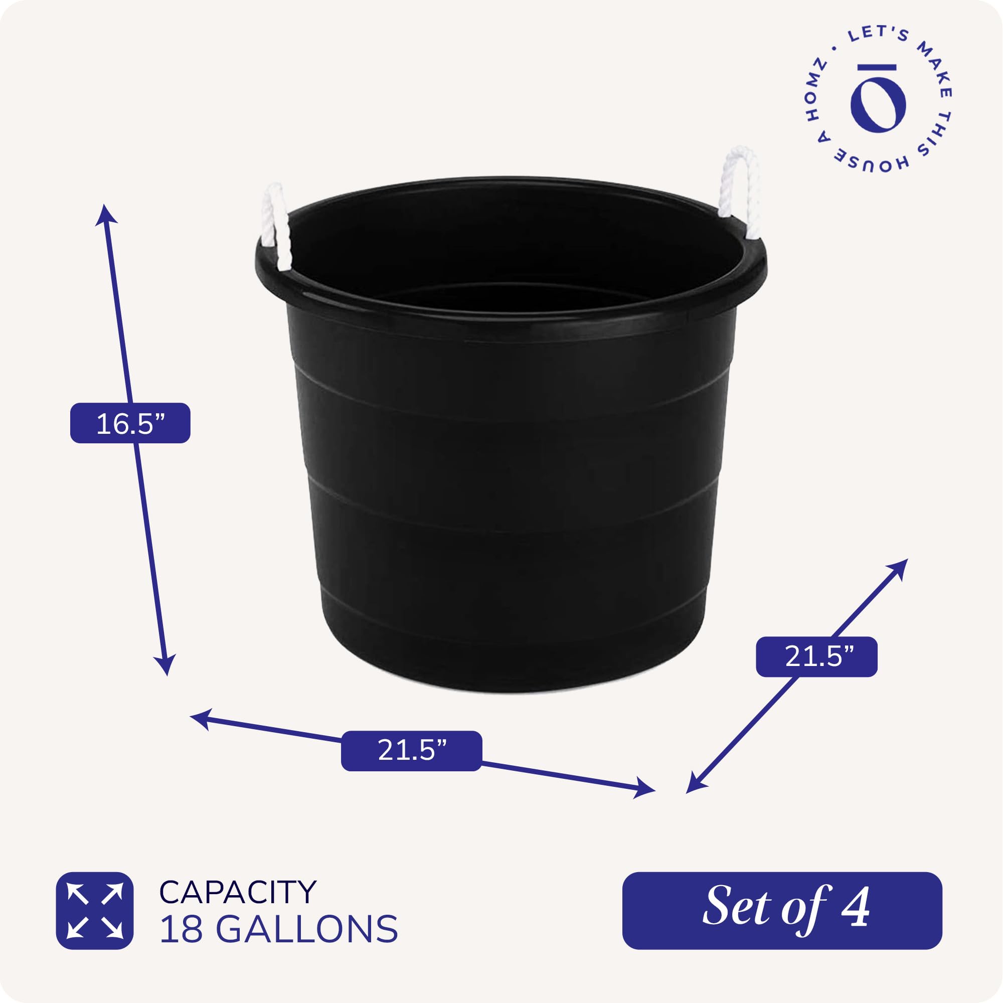 HOMZ 4-Pack 18 Gallon Large Plastic Storage Buckets with Rope Handles - Heavy Duty Utility Tubs for Home Organization, Garage Storage, Laundry, and Outdoor Use - Black