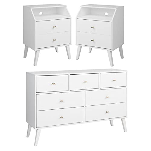 Home Square White 3-Piece Bedroom Set - 2 Nightstands with Storage Cubby & 7-Drawer Dresser | Modern Bedroom Furniture for Master Bedroom or Guest Room
