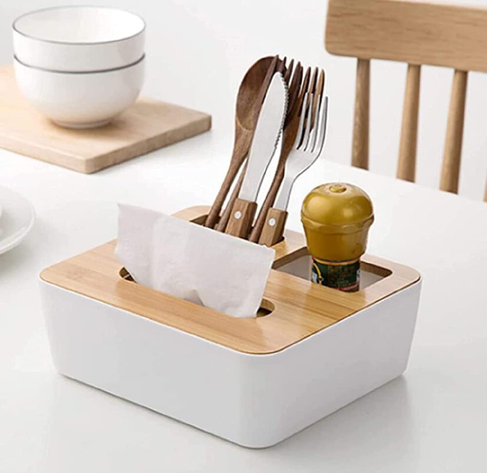 Wooden Tissue Box with Lid - 3 Compartment Organizer for Office & Home | Toilet Paper Storage, Pen Holder & Makeup Brush Organizer | Perfect for Living Room, Bathroom & Office Desk Organization