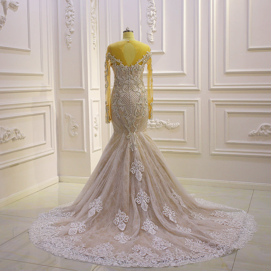 Elegant Long Sleeve Mermaid Wedding Dress with Handcrafted Crystal Rhinestones - Perfect for Beach, Church, and Formal Bridal Ceremonies