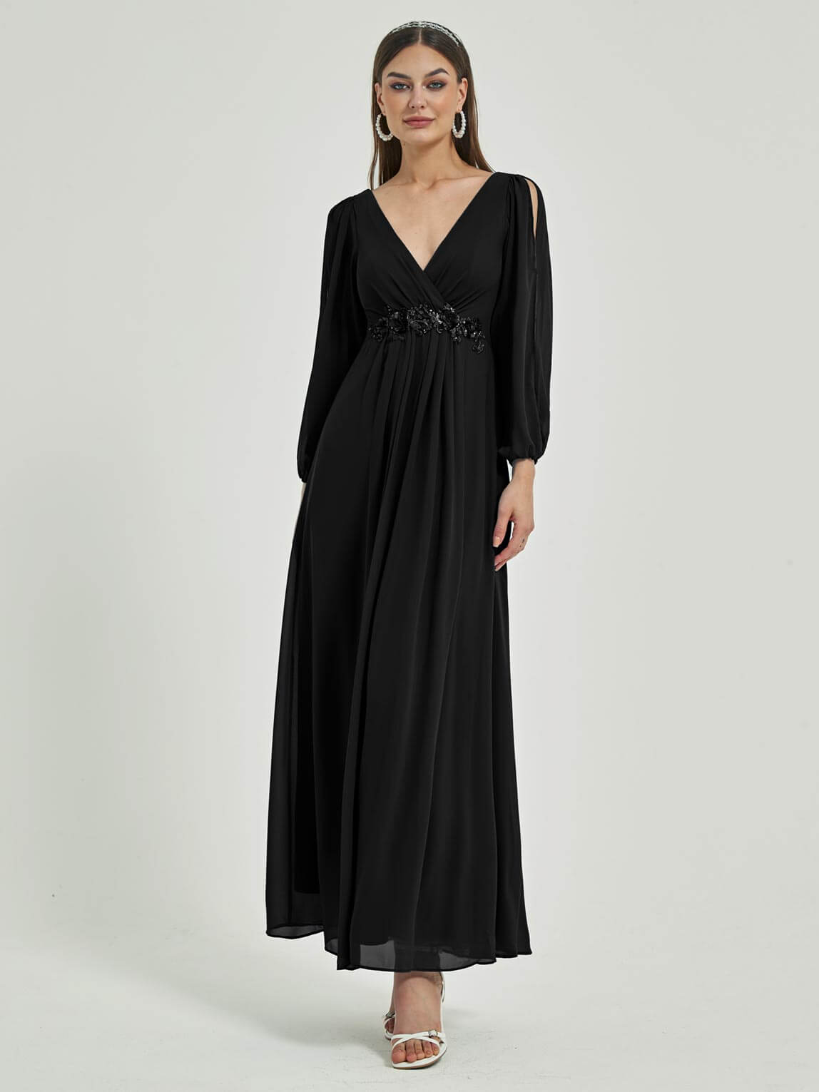 Elegant Black V-Neck Long Slit Sleeve Pleated Flowy Chiffon Formal Evening Dress for Women - Perfect for Prom, Cocktail Parties & Special Occasions