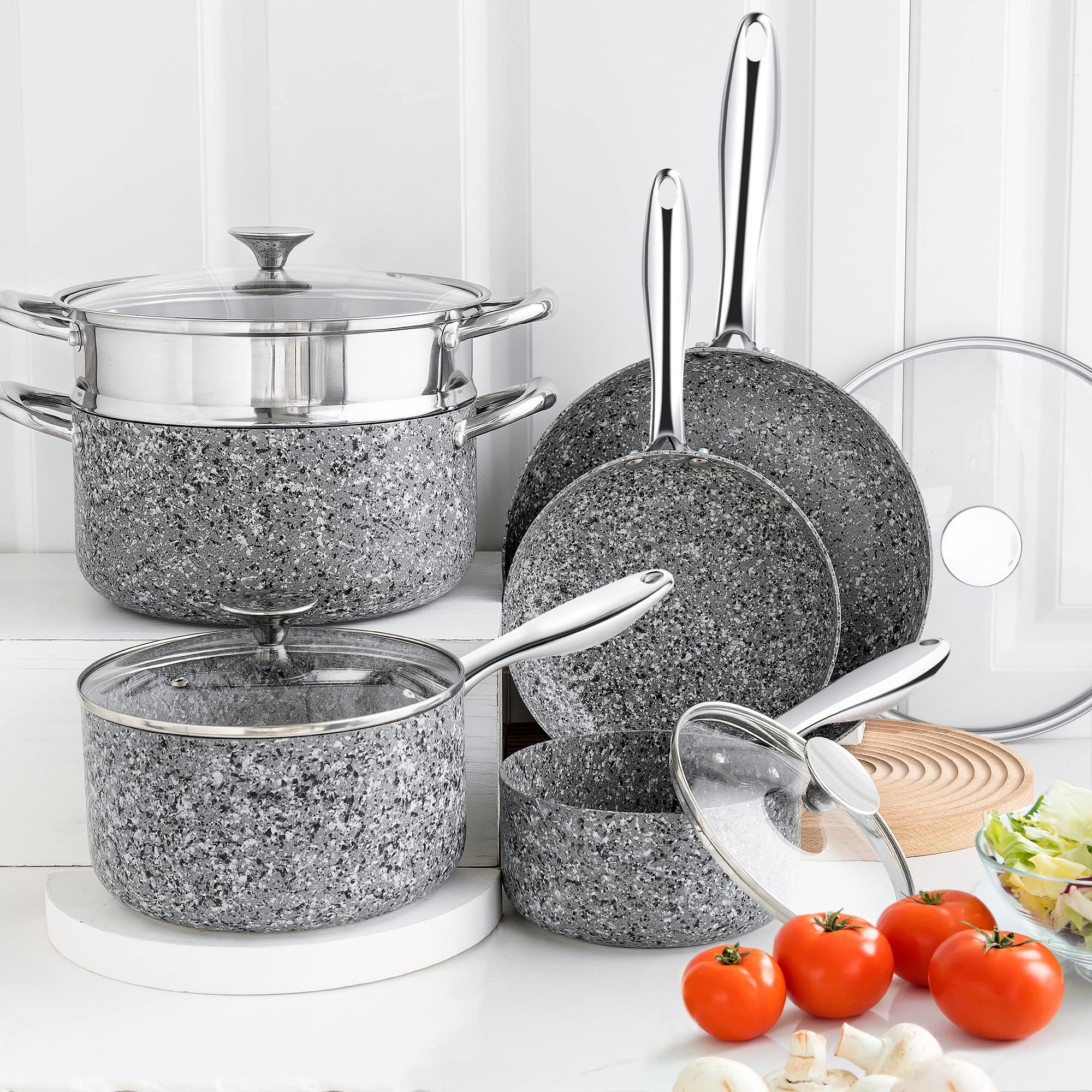 MICHELANGELO 10-Piece Nonstick Stone Cookware Set - Granite Coated Pots & Pans for Healthy Cooking | Perfect for Frying, Sautéing & Everyday Meals