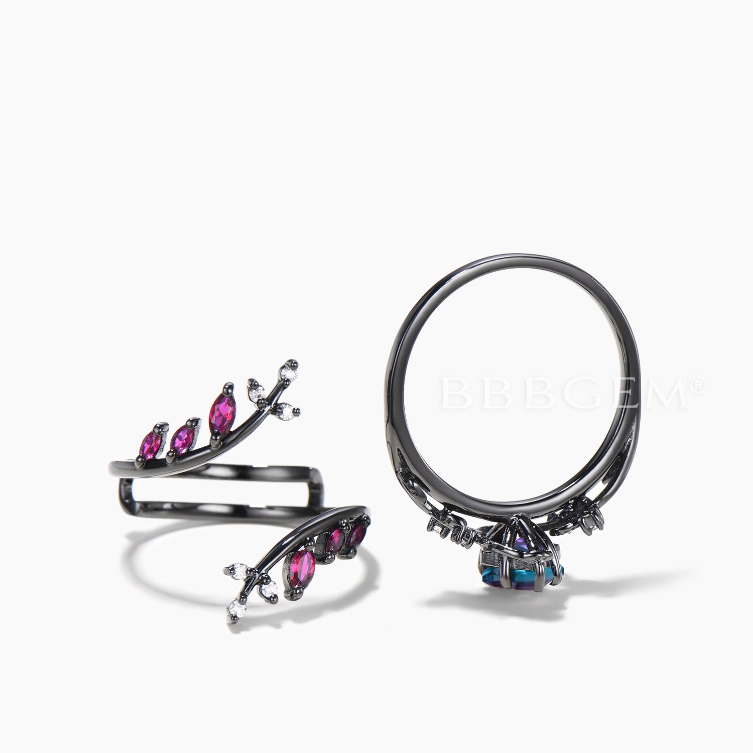 Color Changing Alexandrite & Ruby Twig Band Ring Set | Kite Cut Gemstone Bridal Enhancer | Perfect for Engagement, Wedding & Anniversary Gifts