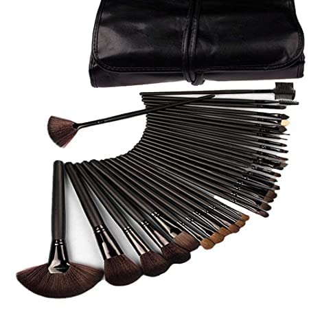 9JOY Professional 32-Piece Makeup Brush Set with Leather Pouch - Vegan Cosmetic Brushes for Foundation, Eyeshadow & Blending | Perfect for Makeup Artists & Beginners (Black) - Home & Travel Beauty Essentials