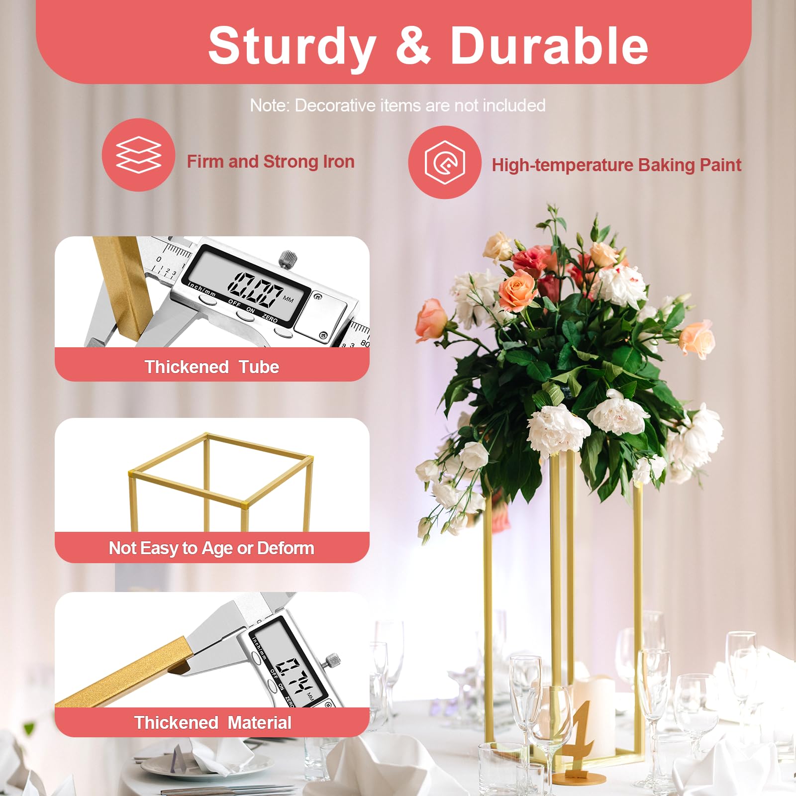 10 Pcs Gold Wedding Flower Centerpiece Stands - 24in/60cm Tall Geometric Metal Vases for Table Decor - Elegant Home, Party & Wedding Decorations - Perfect for Reception Tables, Banquet Centerpieces and Bridal Shower Decor
