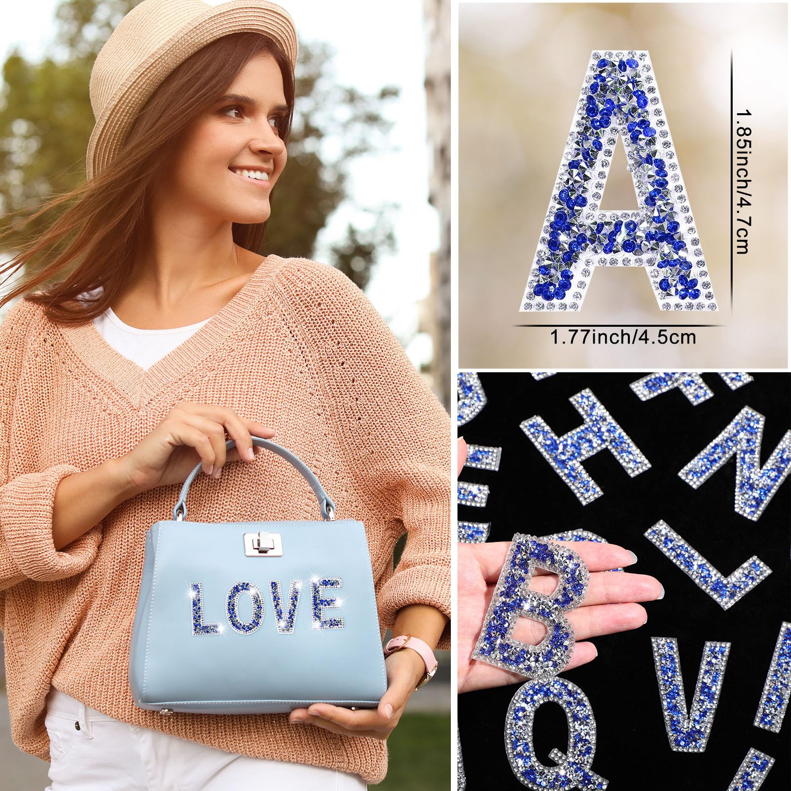 Glitter Resin Rhinestone Alphabet Letter Stickers A-Z - Self Adhesive Iron On Crystal Letters for DIY Crafts, Clothing, Scrapbooking (Blue, 52 Pieces) - Perfect for Custom T-Shirts, Hats, Bags & Home Decor
