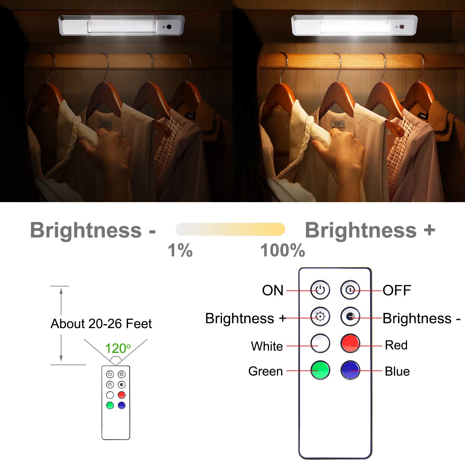 BIGMONAT Under Cabinet Lights - 4 Color Changing LED Bar Lights with Remote Control, Battery Powered, Dimmable Brightness & Timer - Stick-On Counter, Shelf, Closet Lighting for Kitchen, Stairs, Wardrobe (Perfect for Nighttime Navigation & Accent Lighting)