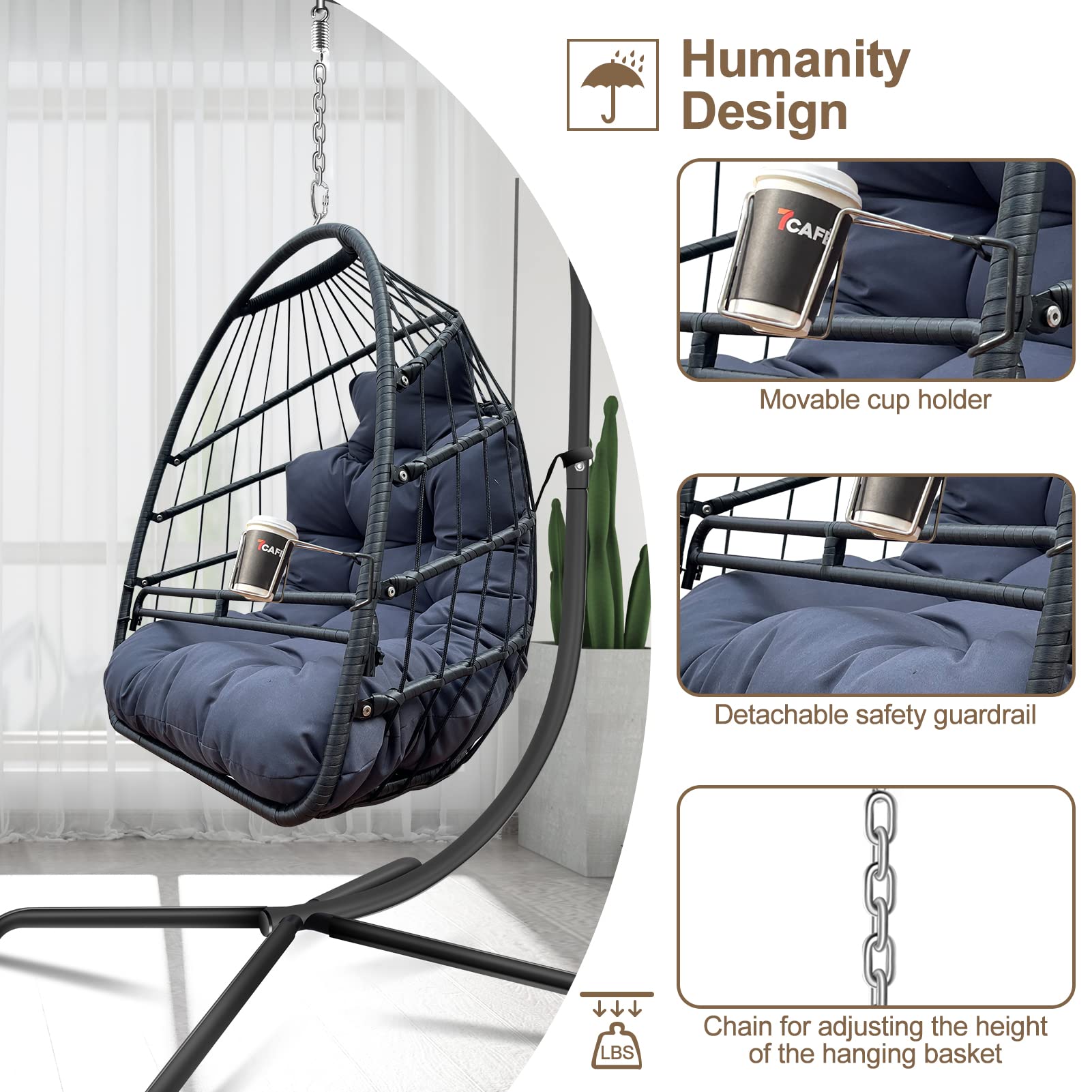 JESE Foldable Wicker Egg Swing Chair with Stand - UV Resistant & Waterproof Cushion, 350lbs Capacity Hanging Chair with Cup Holder - Perfect for Patio, Bedroom, Indoor & Outdoor Relaxation (Black)