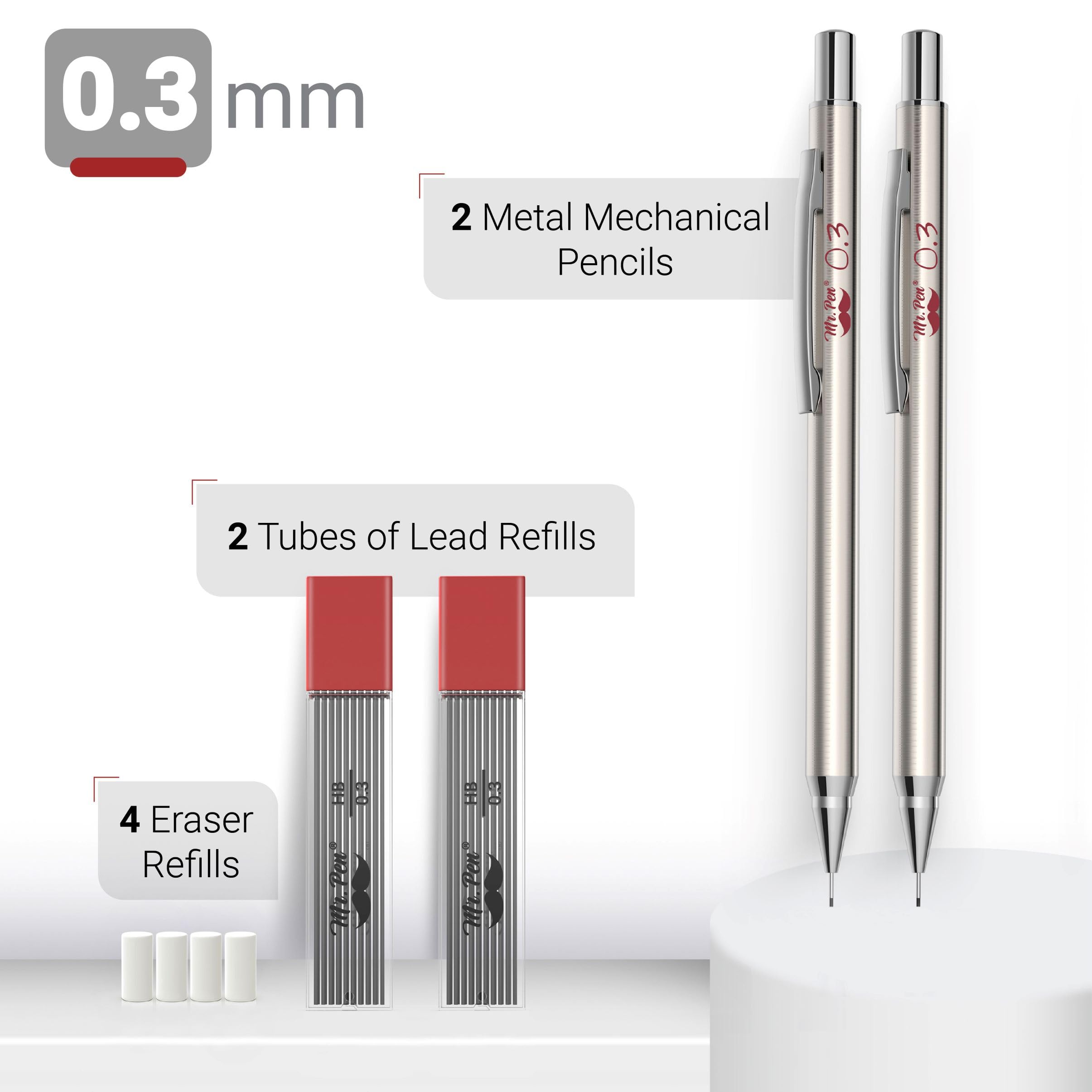 Premium 0.3mm Silver Metal Mechanical Pencils (2-Pack) - Perfect for Artists, Engineers & Technical Drawing - Ideal for Sketching, Drafting & Precision Writing