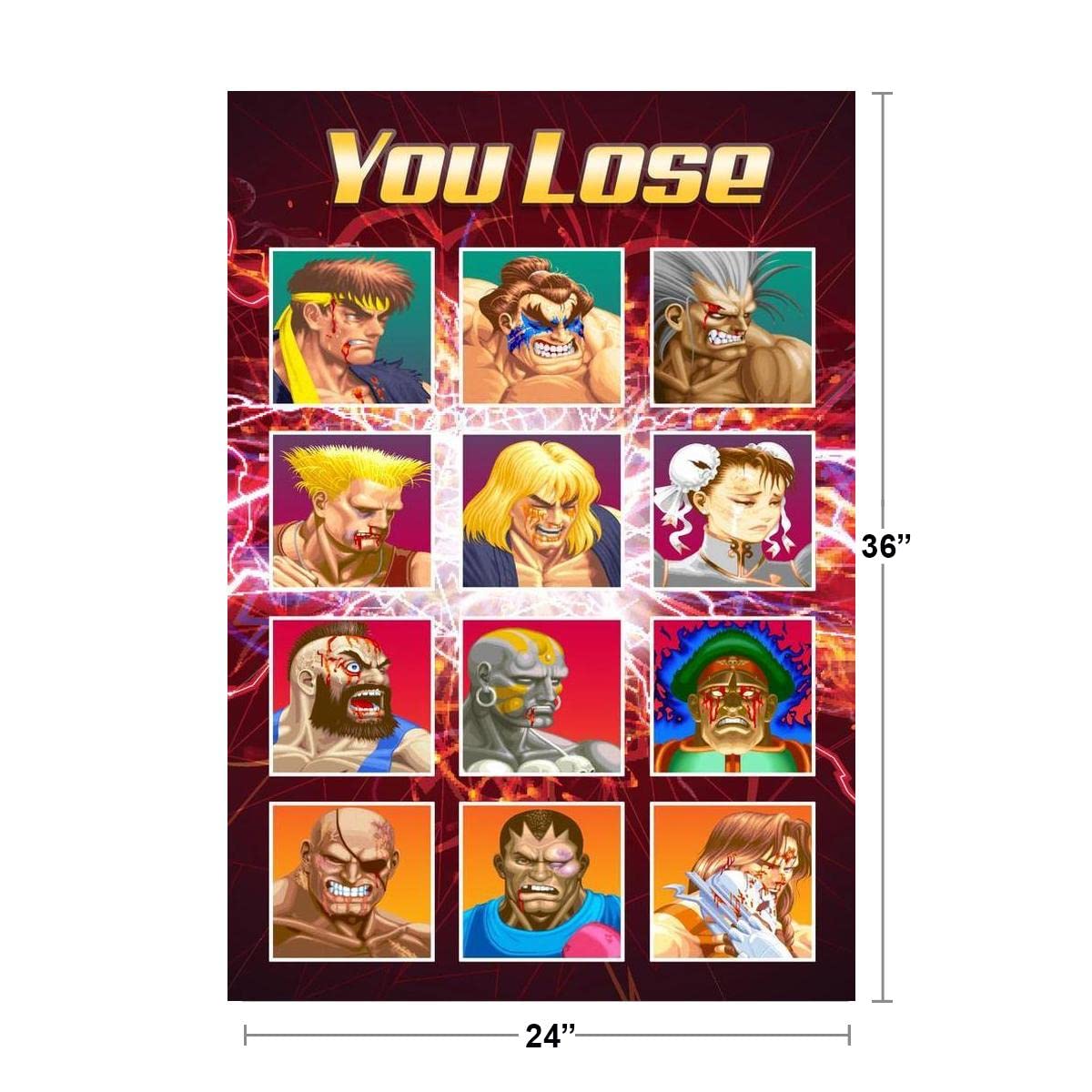 Street Fighter 'You Lose' Defeated Challengers CAPCOM Video Game Poster - Classic Fighting Game Wall Art Print 24x36 - Perfect for Gamers Room Decor & Man Cave
