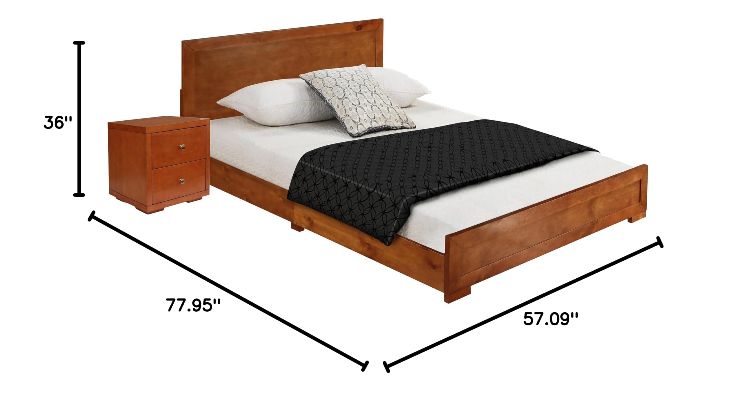 Cherry Wood Camden Isle Trent Full Size Platform Bed with Nightstand - Modern Bedroom Furniture for Small Spaces & Guest Rooms