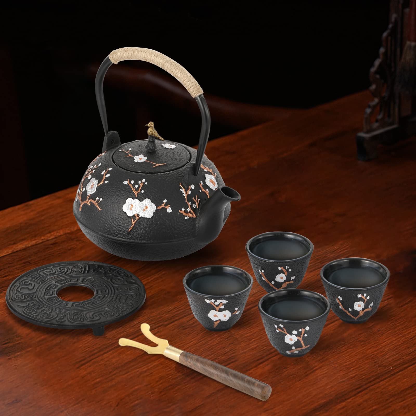 Premium Japanese Cast Iron Teapot Set with Infuser - 1200ml/40.6oz Traditional Tetsubin Tea Kettle & 4 Matching Cups - Authentic Japanese Style for Green Tea, Herbal Tea & Matcha - Perfect for Home, Office & Tea Ceremonies