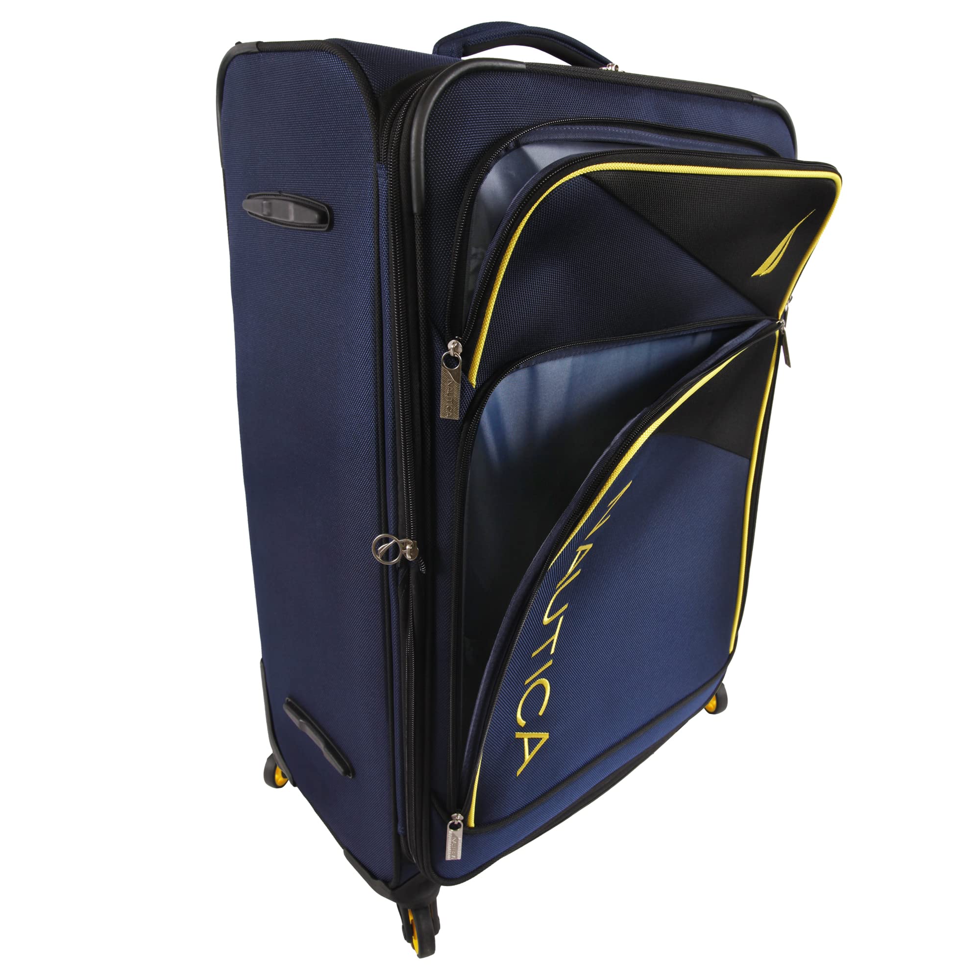 NAUTICA Emry 2-Piece Softside Luggage Set in Navy & Yellow | Lightweight Spinner Suitcase for Travel, Business Trips & Weekend Getaways