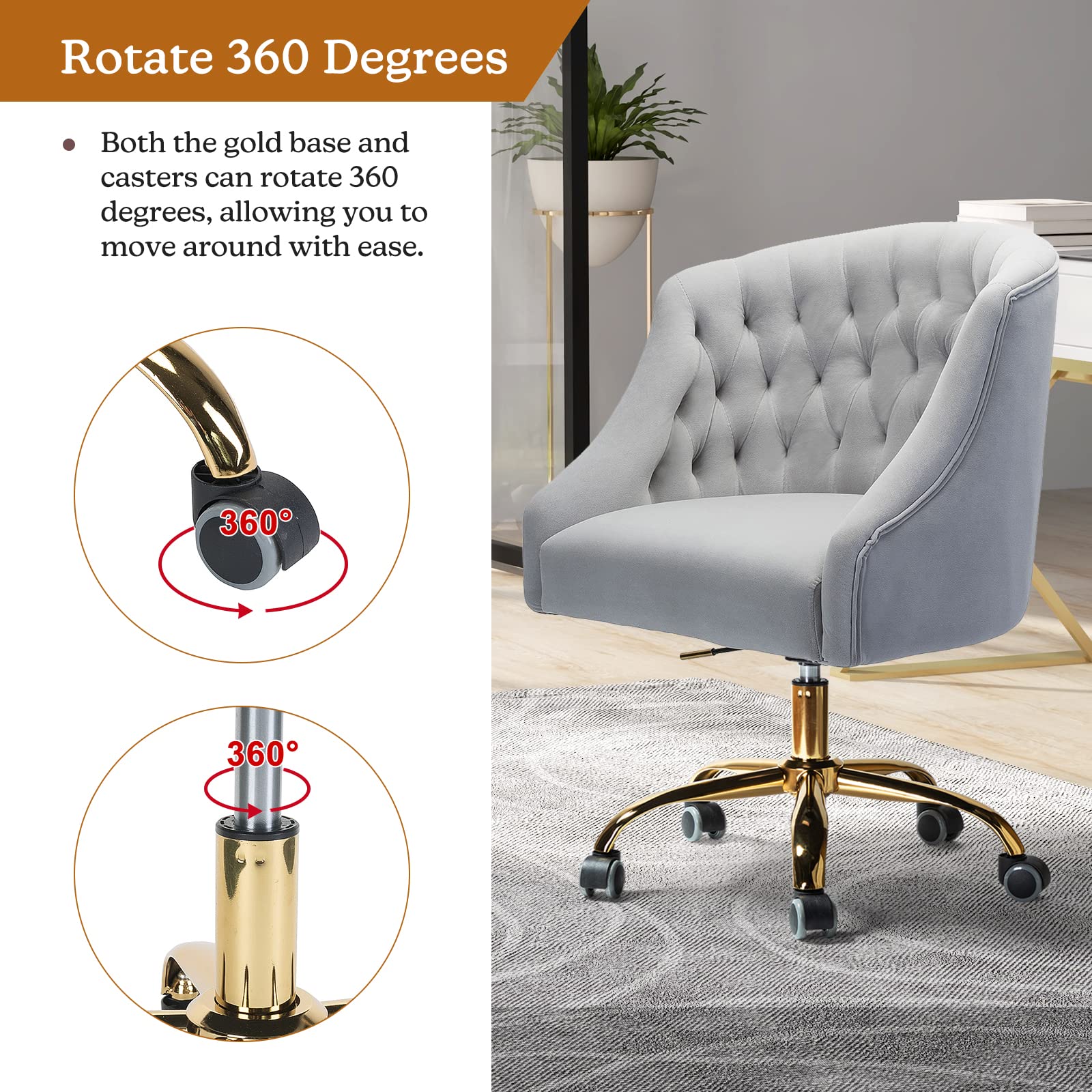 Luxury Velvet Home Office Chair with Gold Base - Modern Adjustable Swivel Task Chair for Living Room, Bedroom & Study - Ergonomic Comfort Desk Chair (Grey) - Perfect for Remote Work, Gaming & Vanity Areas