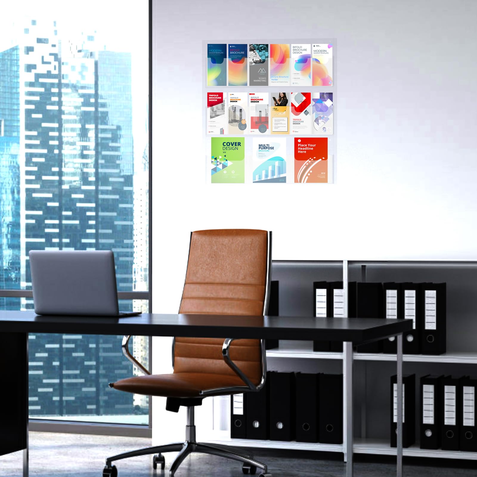 Clear Acrylic Wall Mount Brochure Holder - Magazine & Pamphlet Display Organizer Rack for 12 Pamphlets + 3 Magazines - Business Card Holders & Index Tabs - Perfect for Offices, Restaurants, Hotels & Retail Stores