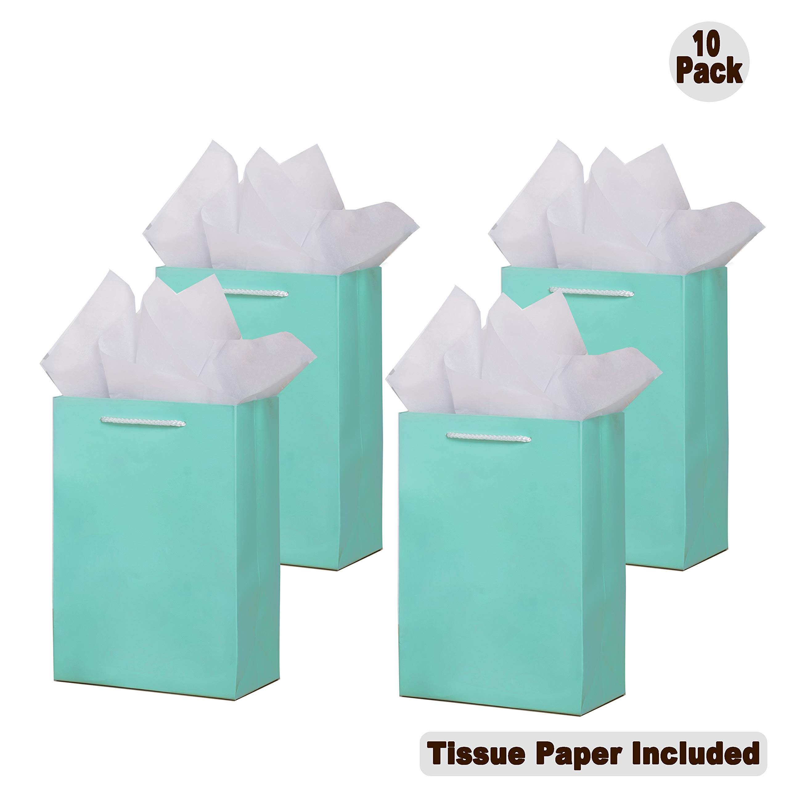 10 Pack Aquamarine Green Gift Bags with Tissue Paper - 8x4x11 Inch Bridesmaid Wedding Party Favor Bags | Perfect for Baby Showers, Birthday Gifts & Holiday Presents