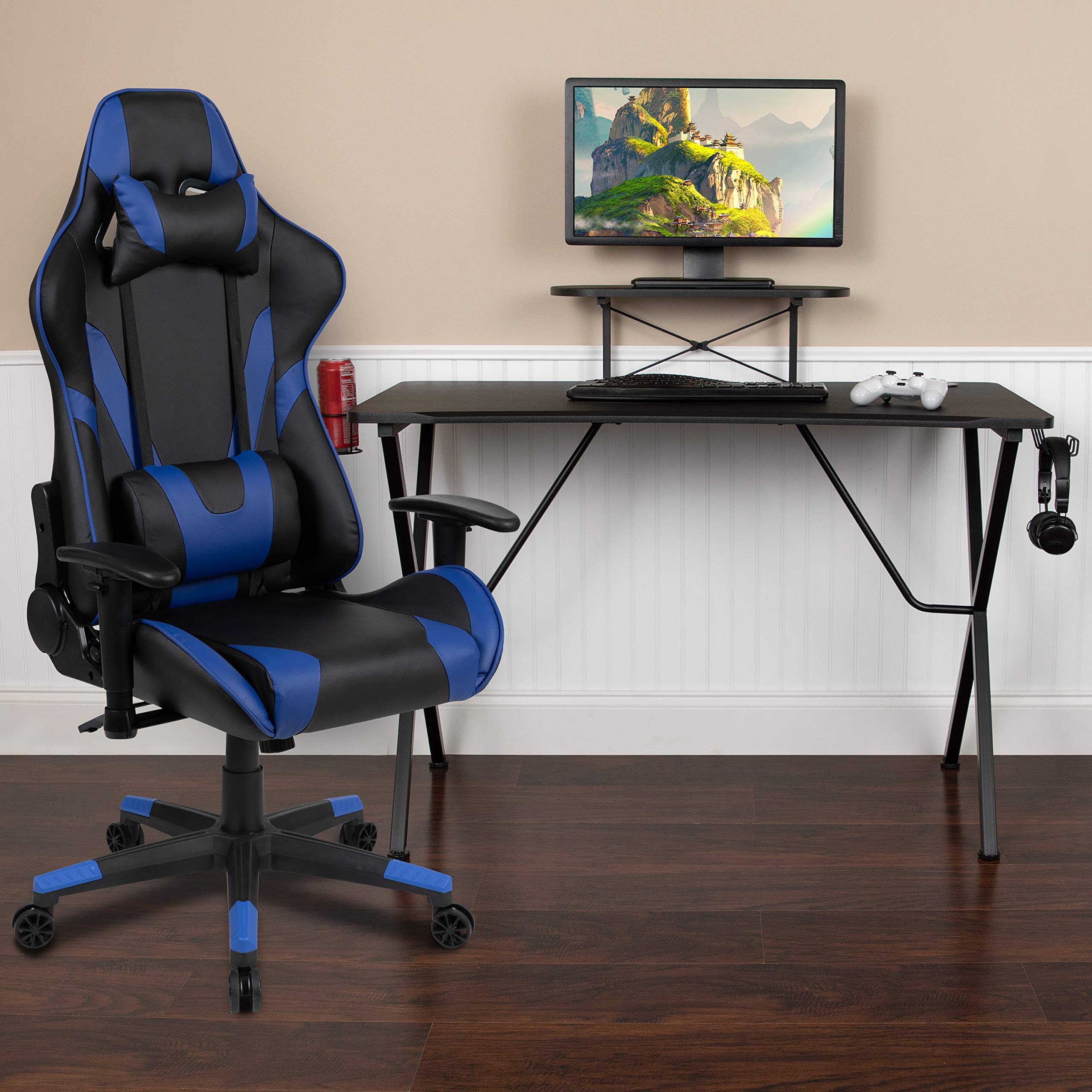 EMMA + OLIVER BlackArc Gaming Bundle - Ergonomic Gaming Desk with Cup Holder & Headphone Hook, Blue Reclining Chair for PC Gamers - Perfect for Esports, Streaming & Home Office Setup