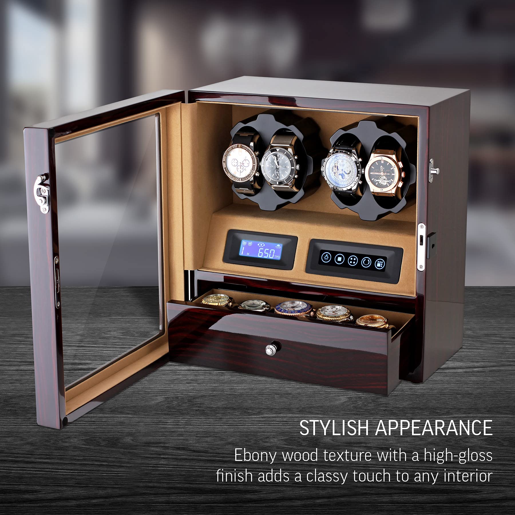 4 Watch Winder with 5 Watch Storage - Automatic Watch Winder Box with LCD Display, Touch Control & LED Light for Automatic Watches - Perfect for Watch Collectors & Luxury Timepiece Storage