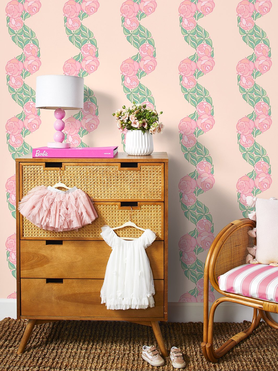 Barbie™ Groovy Floral Stripe Wallpaper - Peach Pink Retro Peel & Stick Wallpaper for Bedroom, Nursery, or Home Office Decor
