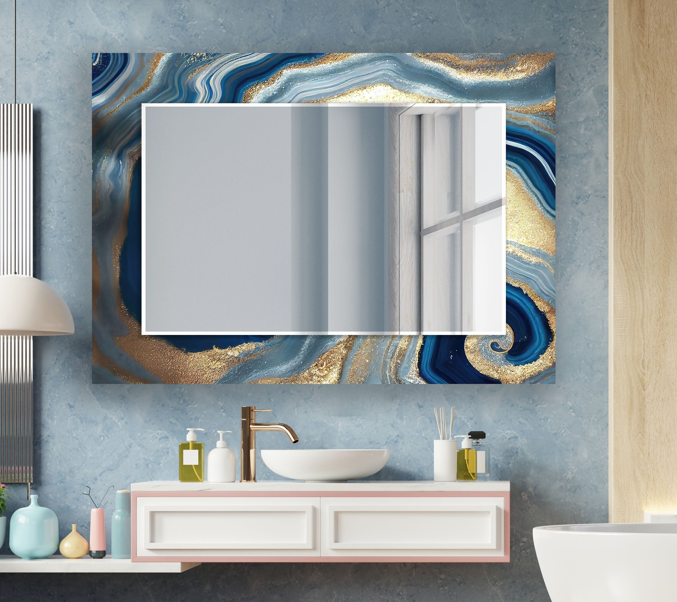 Blue Epoxy Wall Mirror - Modern Decorative Mirror for Bathroom, Bedroom & Living Room - Shatterproof & Stylish Home Decor