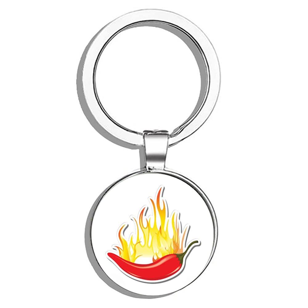 Spicy Chili Pepper Metal Keychain - Round Fire Design Key Ring for Keys, Gifts & Everyday Use